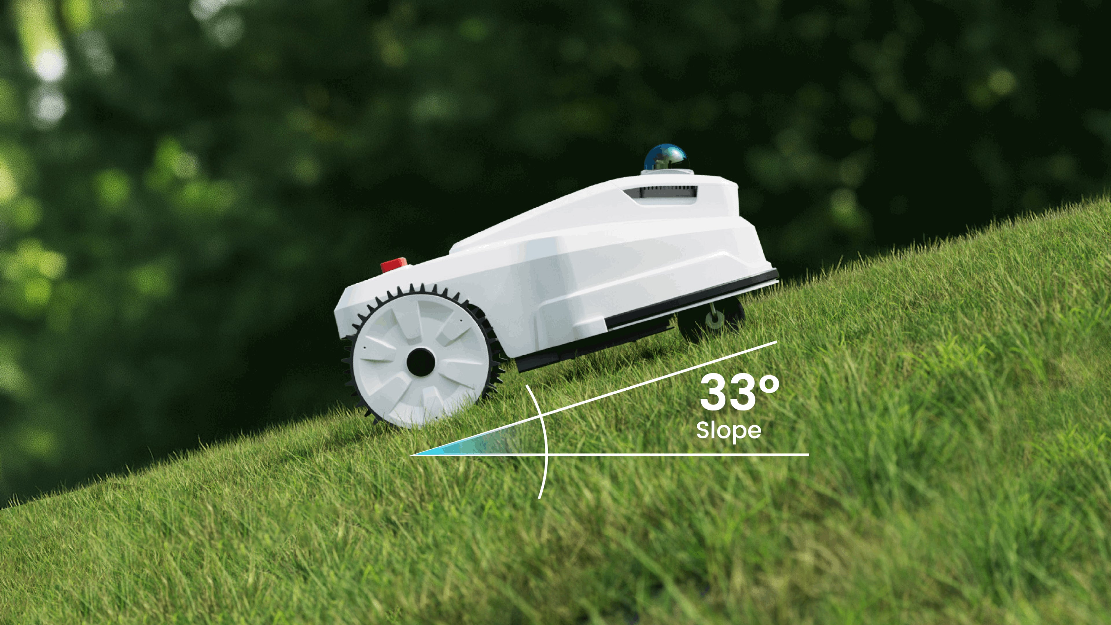 "Robotic lawn mower on a grassy slope with a digital display showing '33° Slope'."